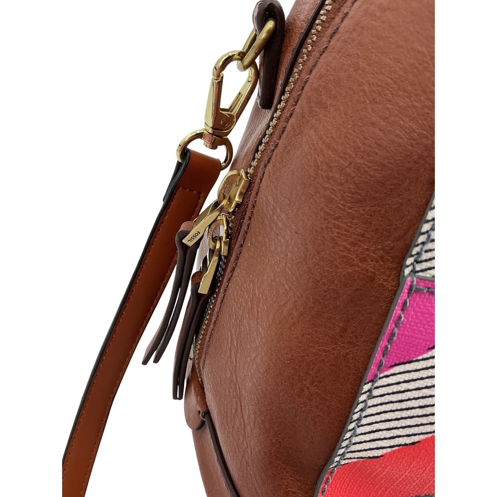 Fossil Geometric Print Satchel Crossbody Bag‎ and Wallet Set Brown Leather Trim - Picture 13 of 14